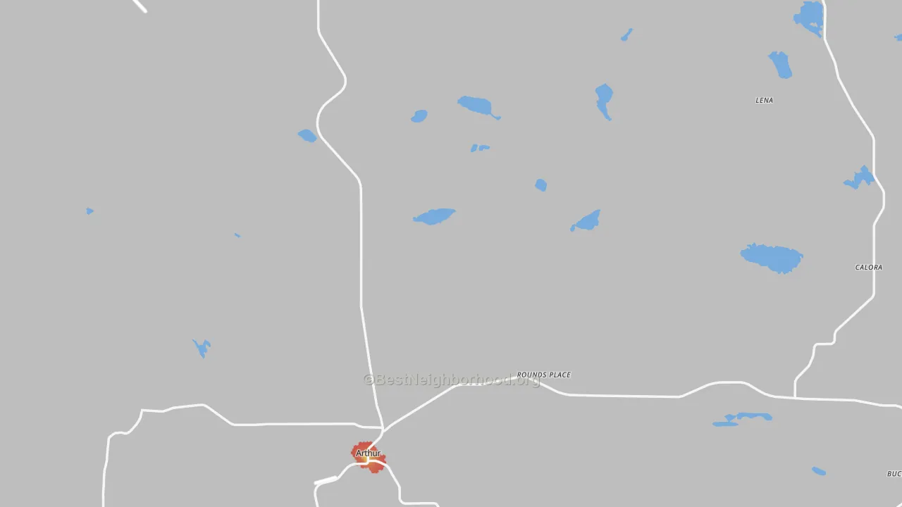 Walk Grade map of Arthur, NE, walkable areas in green and car-dependent areas in red