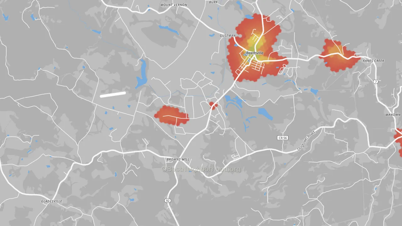 Walk Grade map of Arthurdale, WV, walkable areas in green and car-dependent areas in red