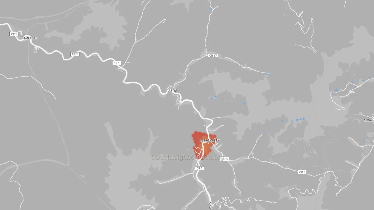Walk Grade map of Artie, WV, walkable areas in green and car-dependent areas in red
