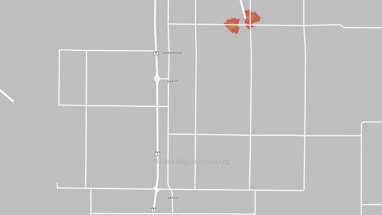 Walk Grade map of Artois, CA, walkable areas in green and car-dependent areas in red