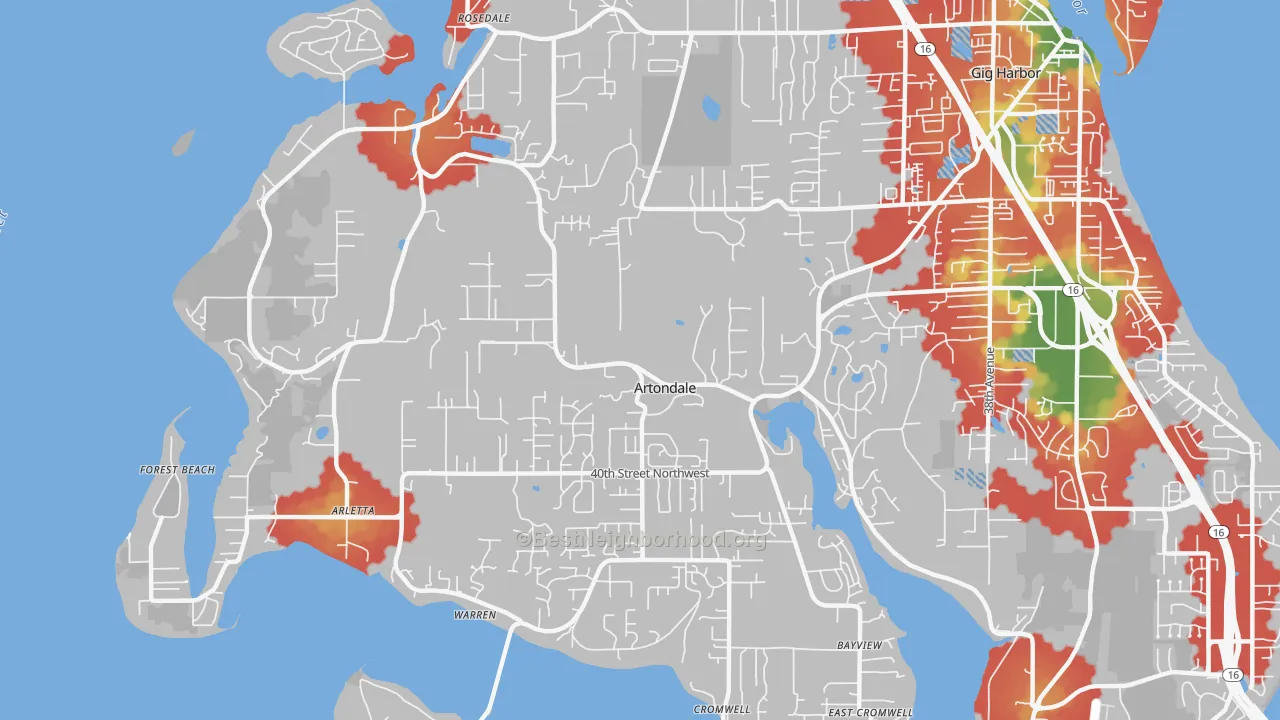 Walk Grade map of Artondale, WA, walkable areas in green and car-dependent areas in red