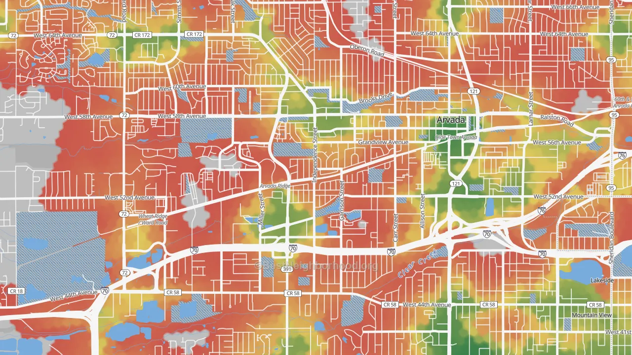 Walk Grade map of Arvada Plaza Area, Arvada, CO, walkable areas in green and car-dependent areas in red