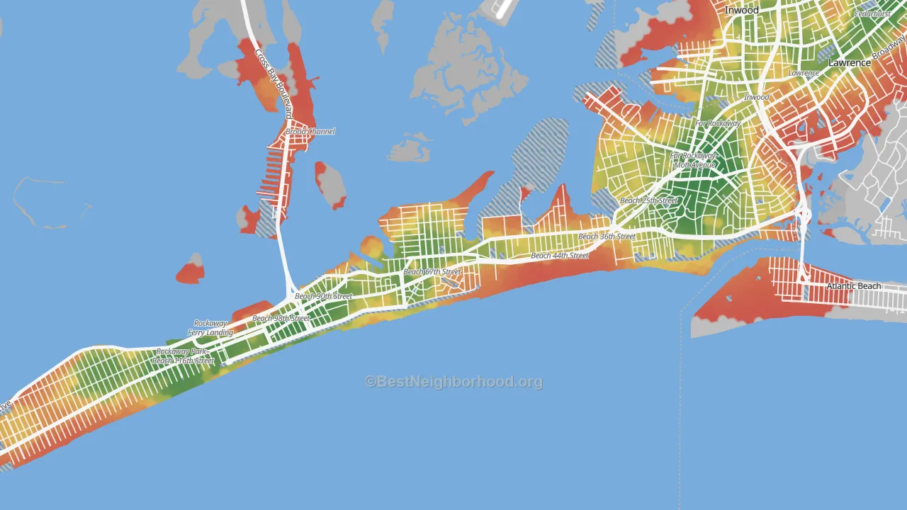 Walk Grade map of Arverne, Queens, NY, walkable areas in green and car-dependent areas in red
