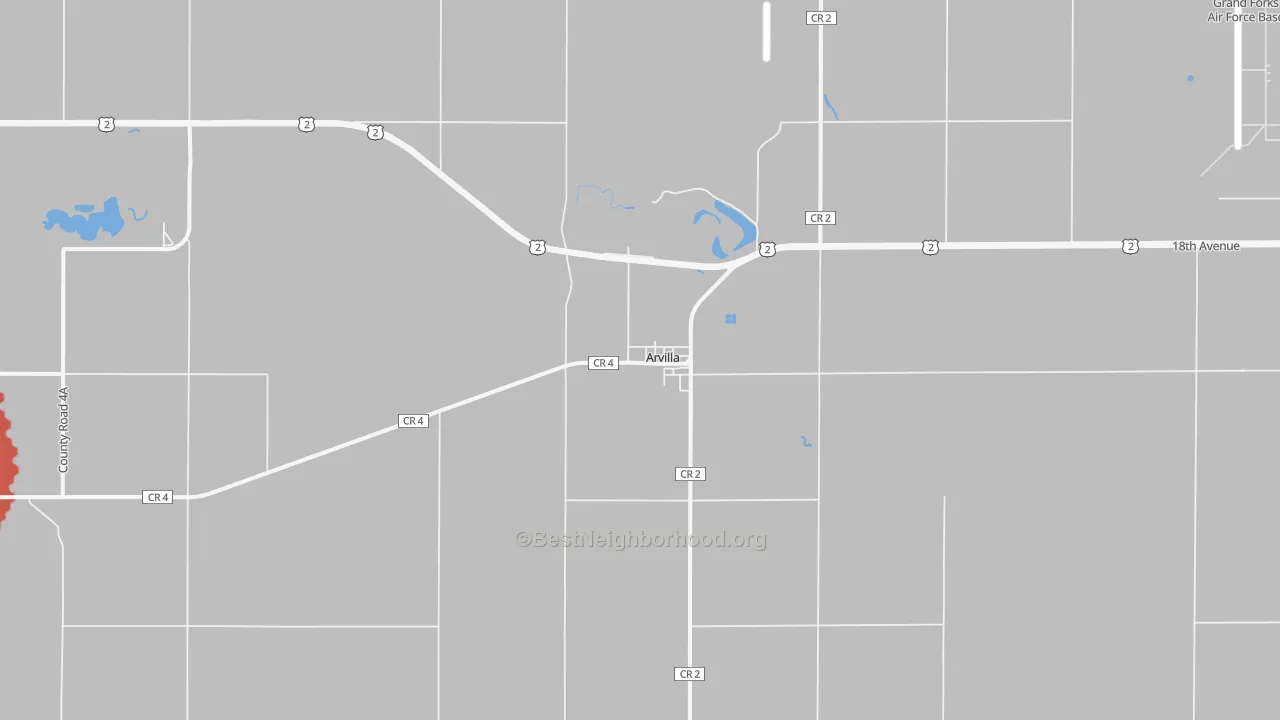 Walk Grade map of Arvilla, ND, walkable areas in green and car-dependent areas in red