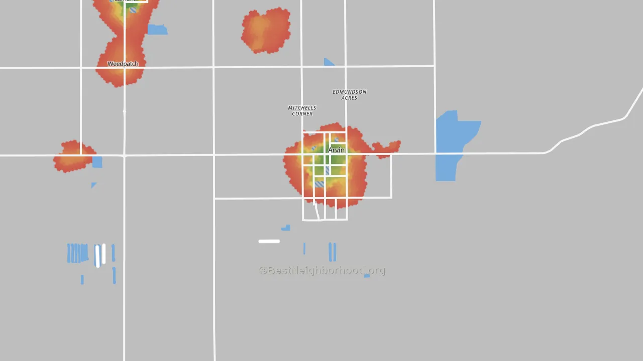 Walk Grade map of Arvin, CA, walkable areas in green and car-dependent areas in red