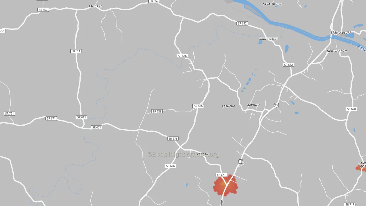 Walk Grade map of Arvonia, VA, walkable areas in green and car-dependent areas in red