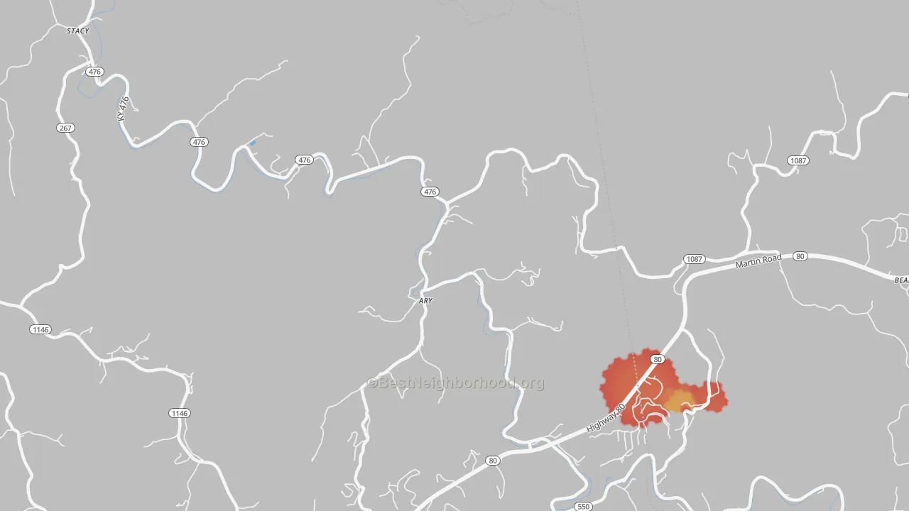 Walk Grade map of Ary, KY, walkable areas in green and car-dependent areas in red