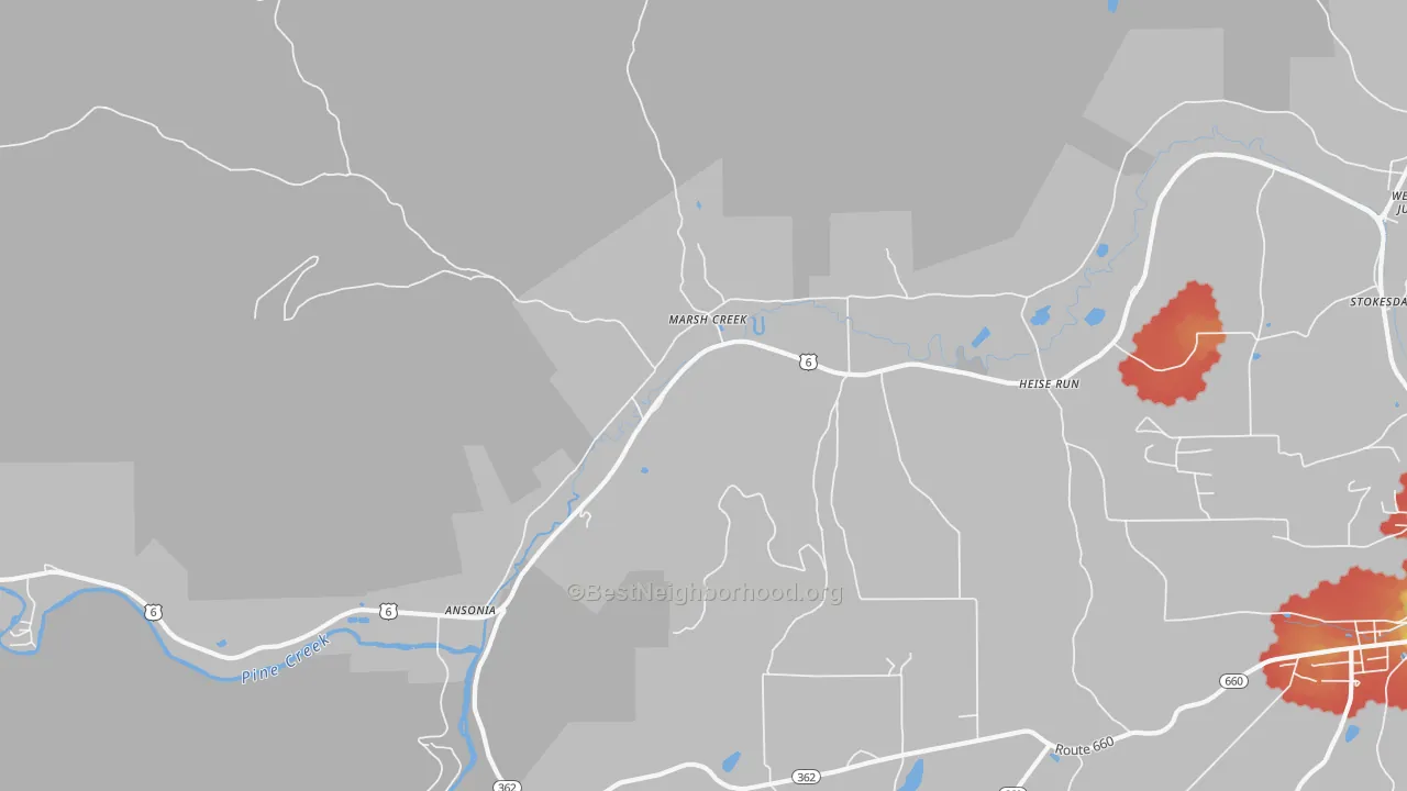 Walk Grade map of Asaph, PA, walkable areas in green and car-dependent areas in red