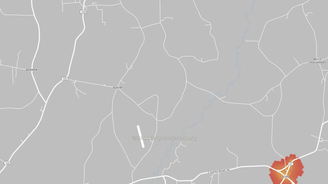 Walk Grade map of Asbury, AL, walkable areas in green and car-dependent areas in red