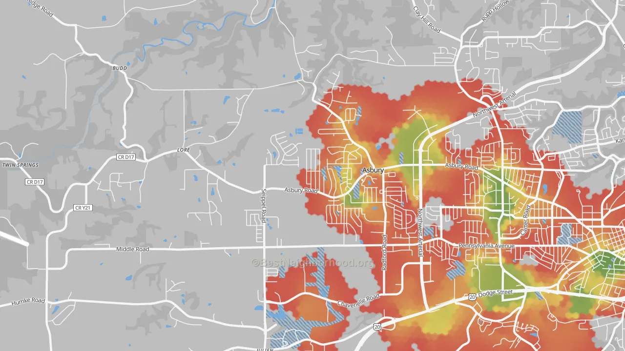 Walk Grade map of Asbury, IA, walkable areas in green and car-dependent areas in red