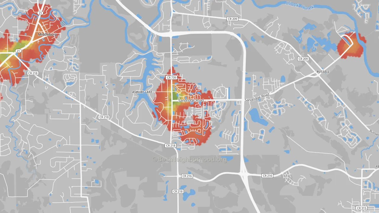 Walk Grade map of Asbury Lake, FL, walkable areas in green and car-dependent areas in red