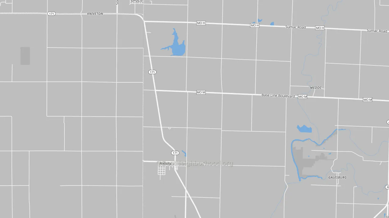 Walk Grade map of Asbury, MO, walkable areas in green and car-dependent areas in red