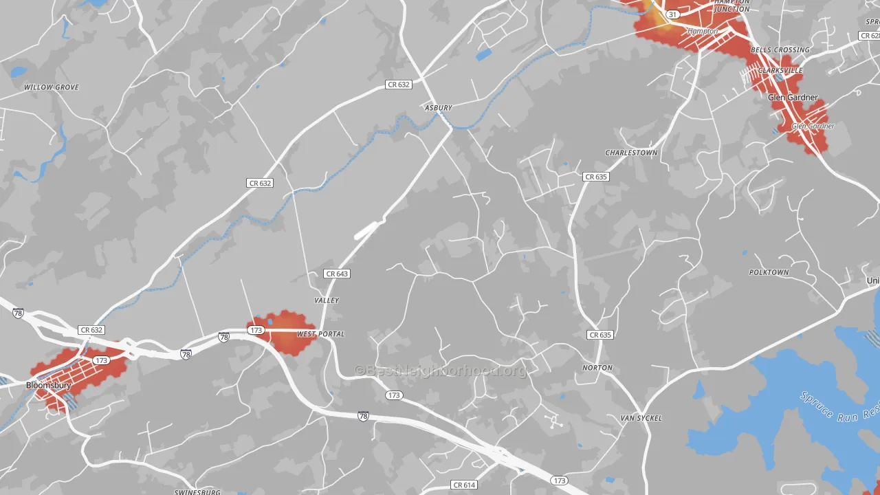 Walk Grade map of Asbury, NJ, walkable areas in green and car-dependent areas in red