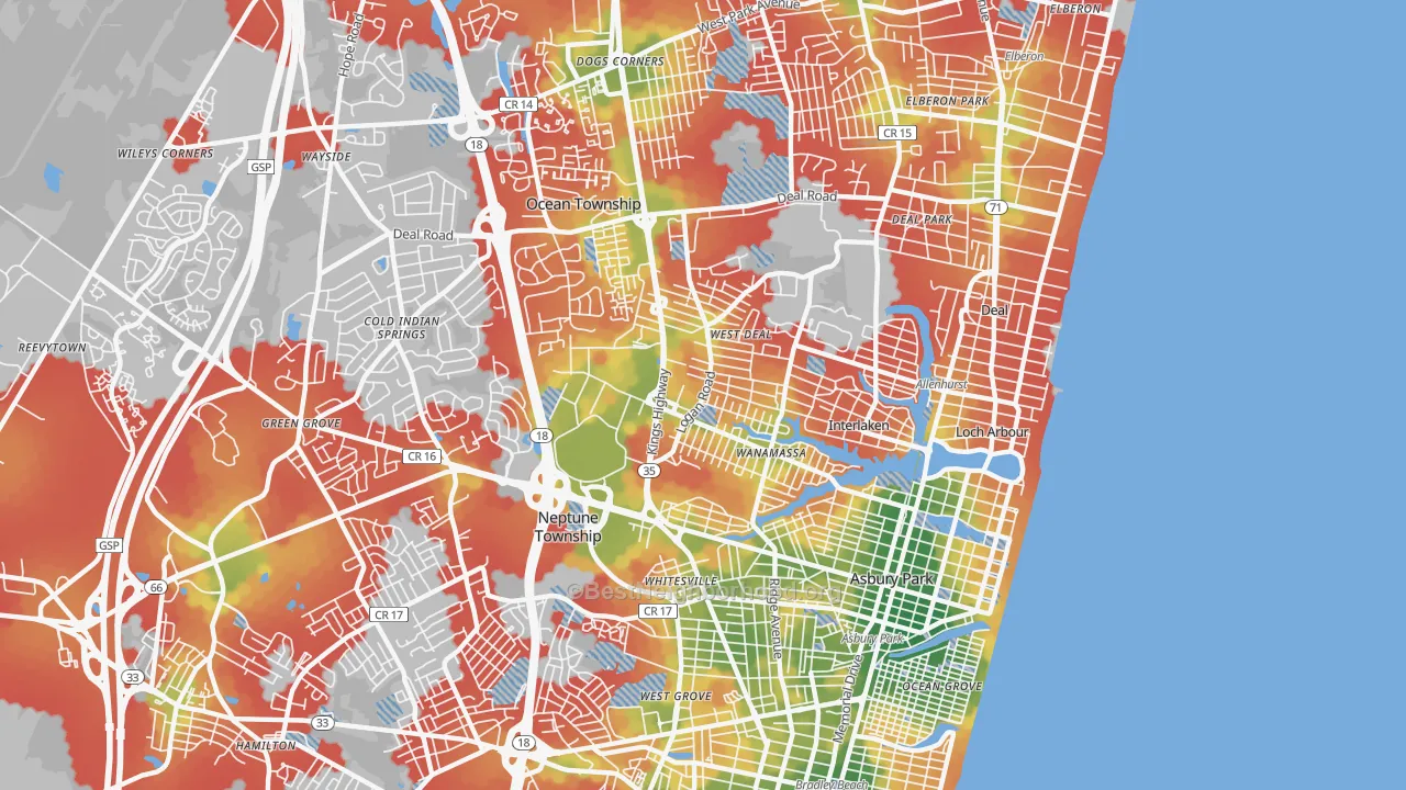 Walk Grade map of Asbury Park, NJ, walkable areas in green and car-dependent areas in red