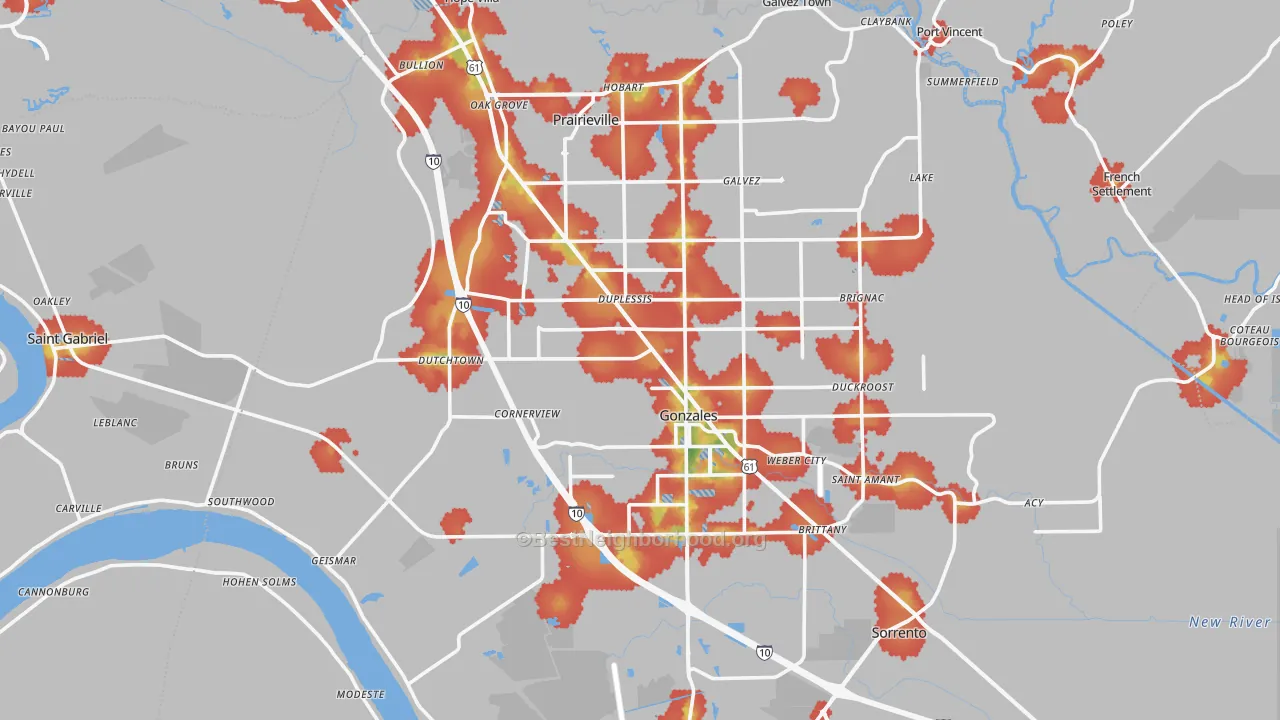 Walk Grade map of Ascension Parish, LA, walkable areas in green and car-dependent areas in red