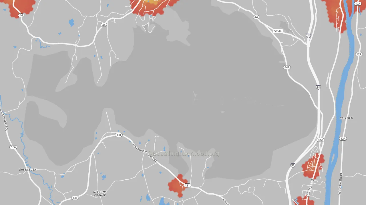 Walk Grade map of Ascutney, VT, walkable areas in green and car-dependent areas in red