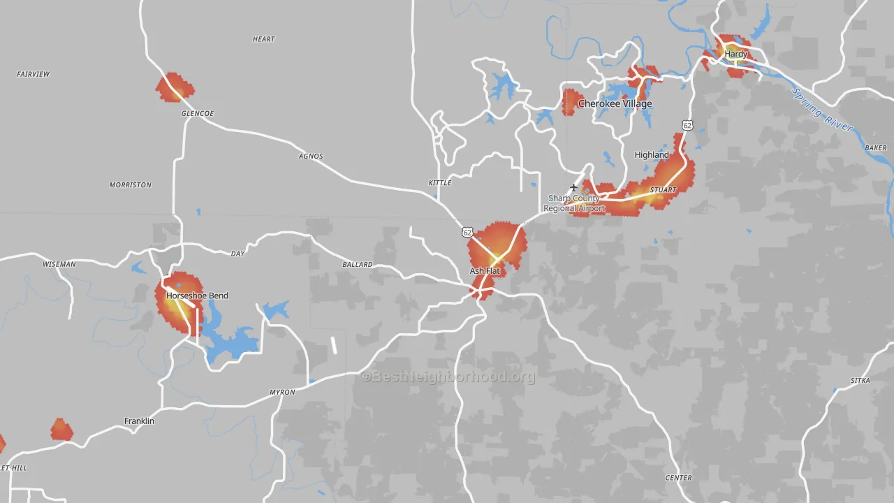 Walk Grade map of Ash Flat, AR, walkable areas in green and car-dependent areas in red