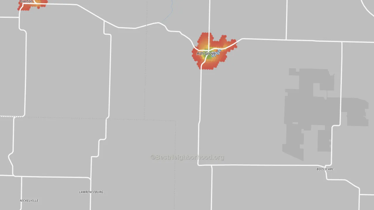 Walk Grade map of Ash Grove, MO, walkable areas in green and car-dependent areas in red