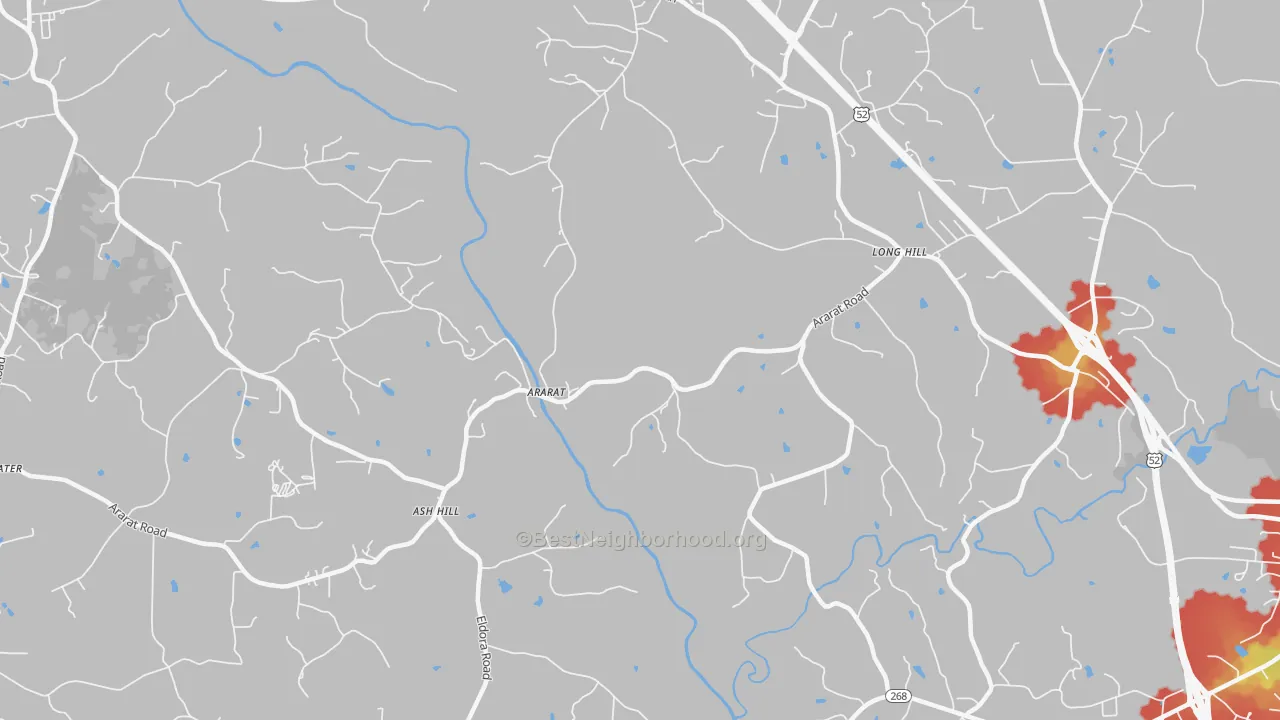Walk Grade map of Ash Hill, NC, walkable areas in green and car-dependent areas in red