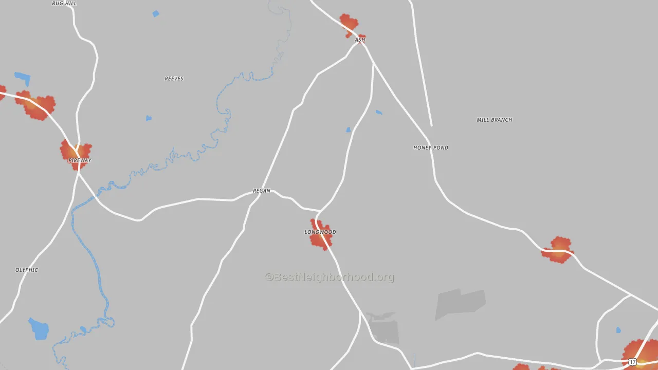 Walk Grade map of Ash, NC, walkable areas in green and car-dependent areas in red