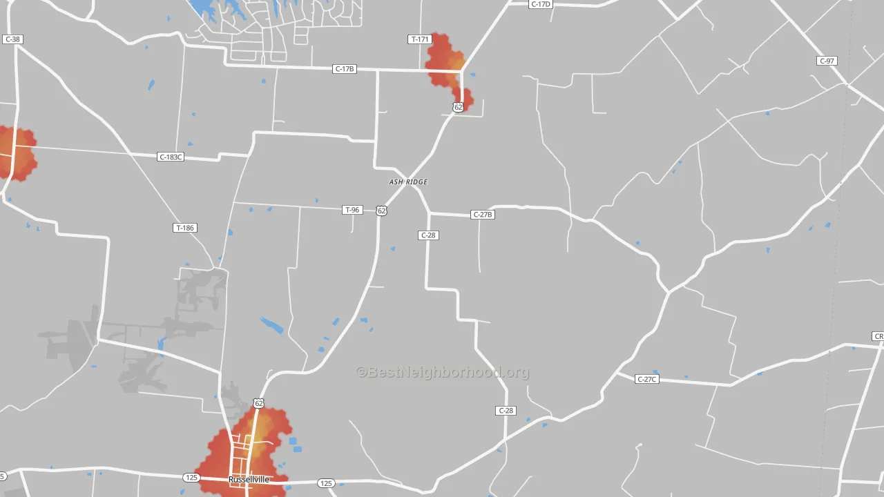 Walk Grade map of Ash Ridge, OH, walkable areas in green and car-dependent areas in red