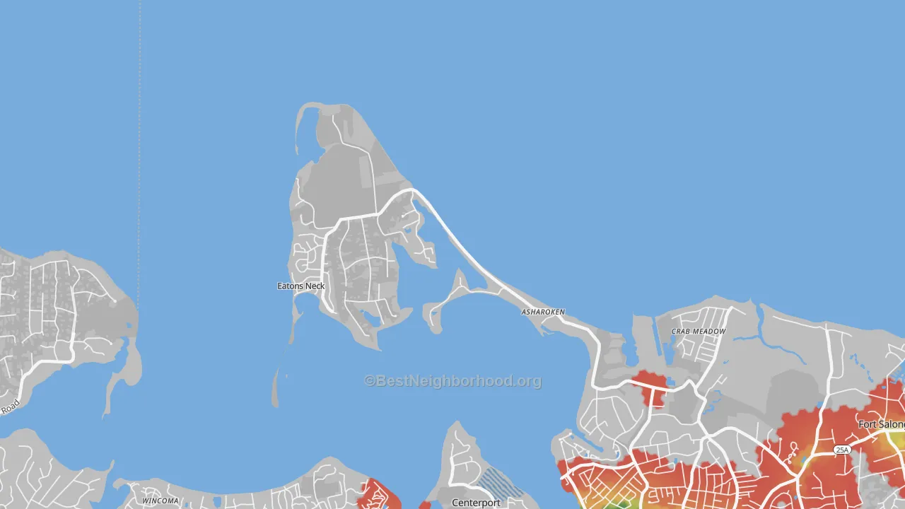 Walk Grade map of Asharoken, NY, walkable areas in green and car-dependent areas in red