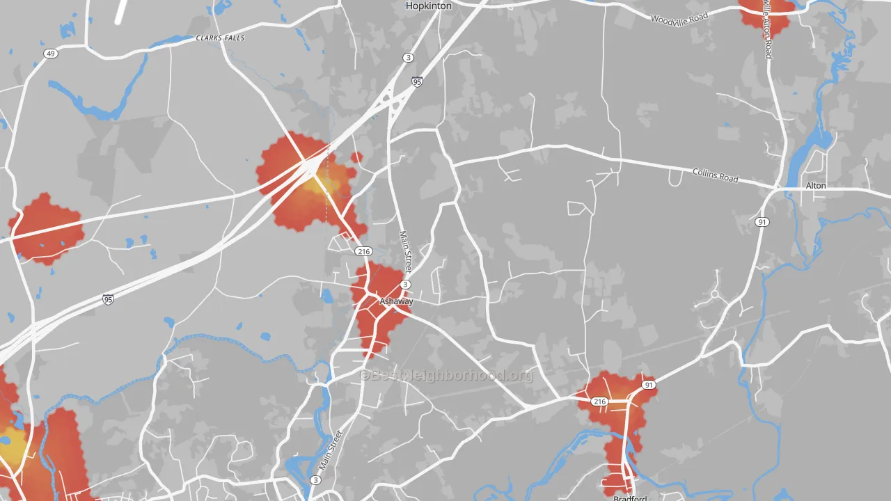 Walk Grade map of Ashaway, RI, walkable areas in green and car-dependent areas in red
