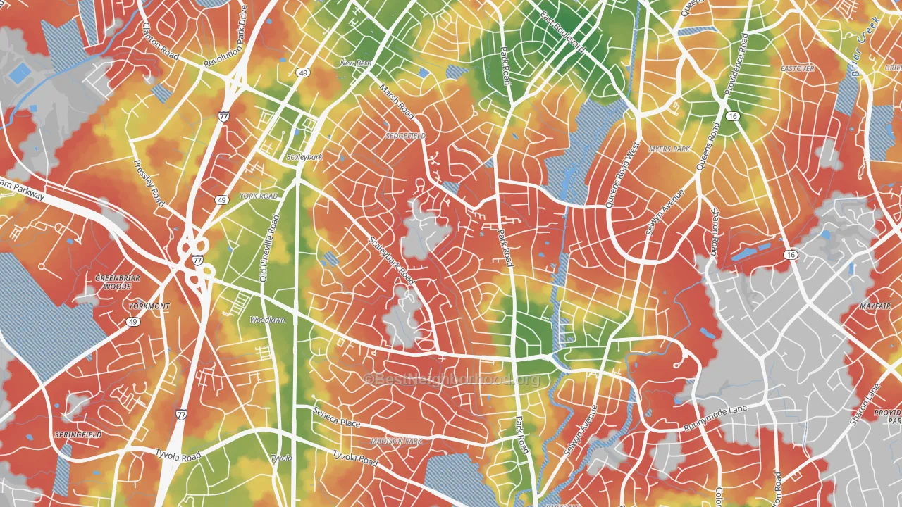 Walk Grade map of Ashbrook-Clawson Village, Charlotte, NC, walkable areas in green and car-dependent areas in red