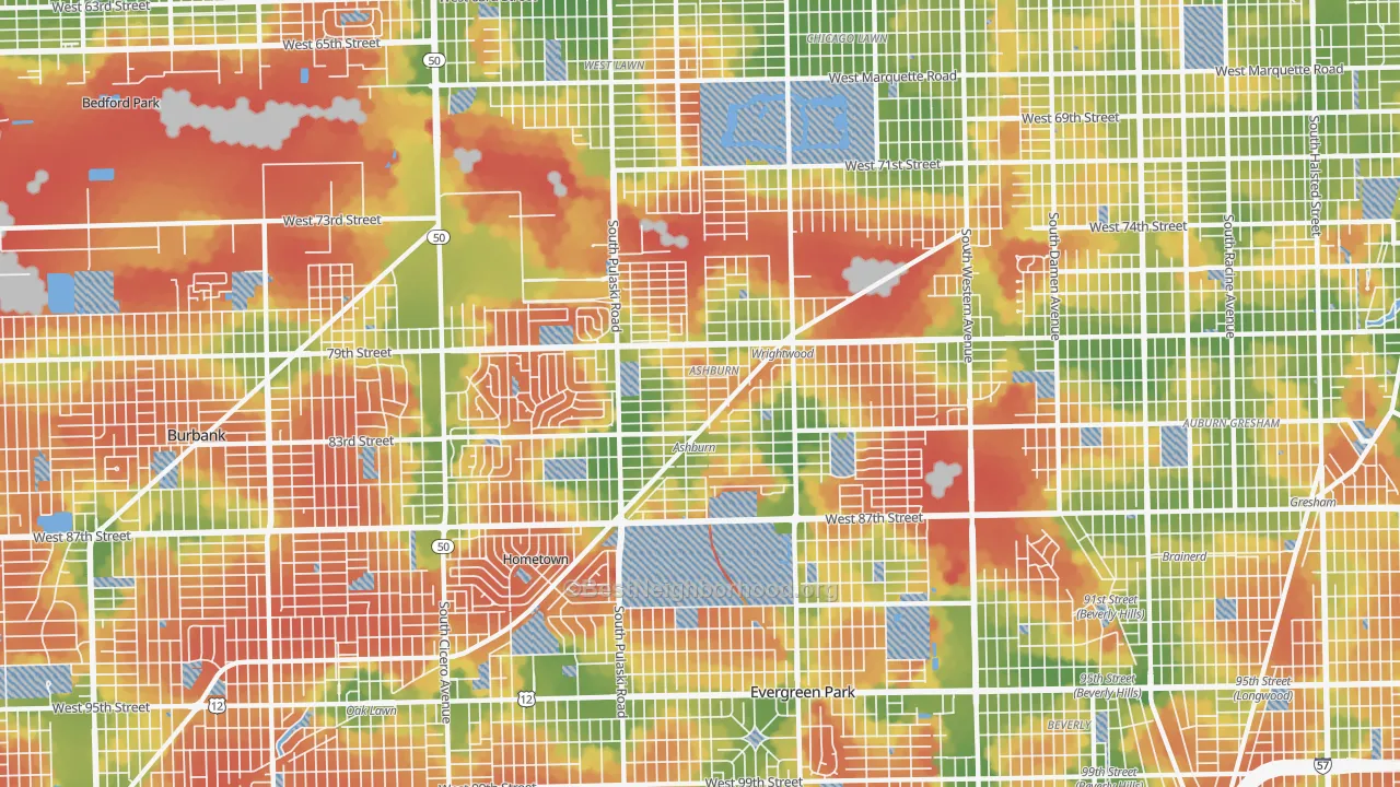 Walk Grade map of Ashburn, Chicago, IL, walkable areas in green and car-dependent areas in red