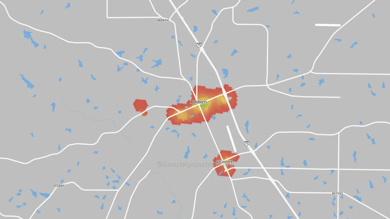 Walk Grade map of Ashburn, GA, walkable areas in green and car-dependent areas in red