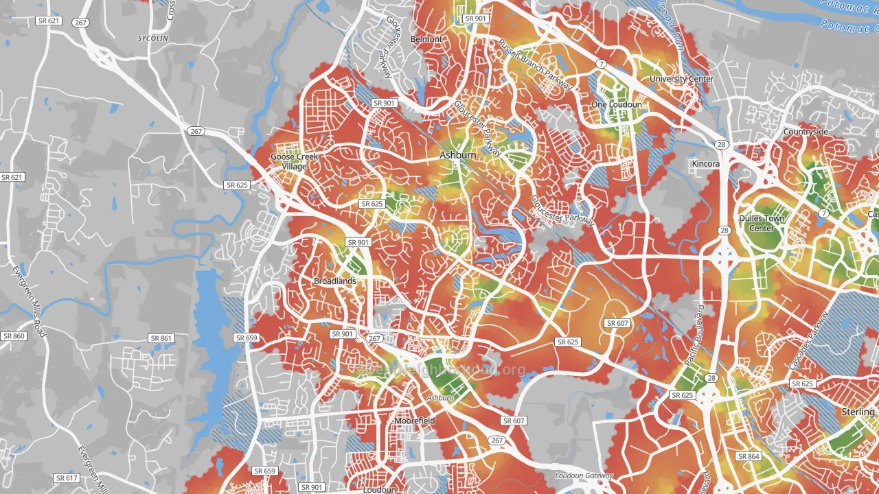 Walk Grade map of Ashburn, VA, walkable areas in green and car-dependent areas in red