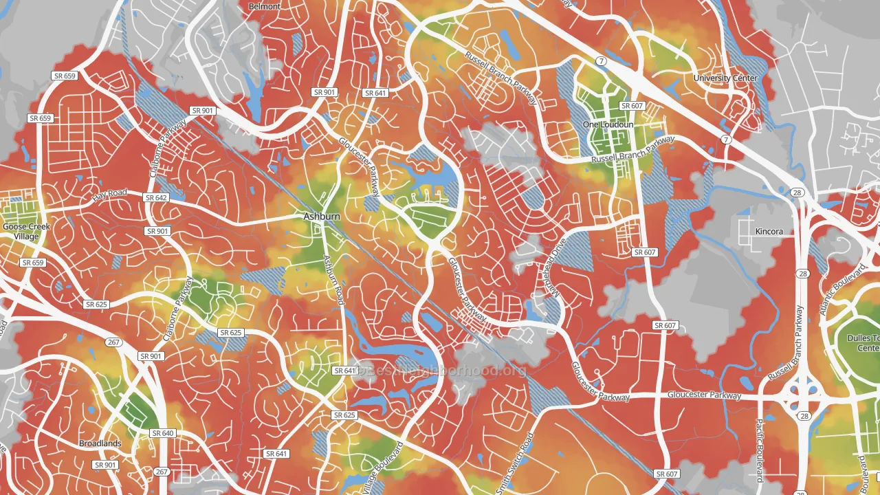 Walk Grade map of Ashburn Village, Ashburn, VA, walkable areas in green and car-dependent areas in red