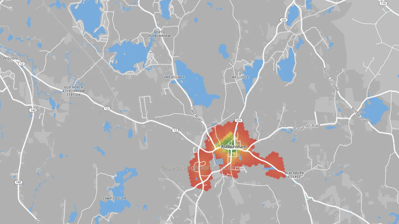 Walk Grade map of Ashburnham, MA, walkable areas in green and car-dependent areas in red
