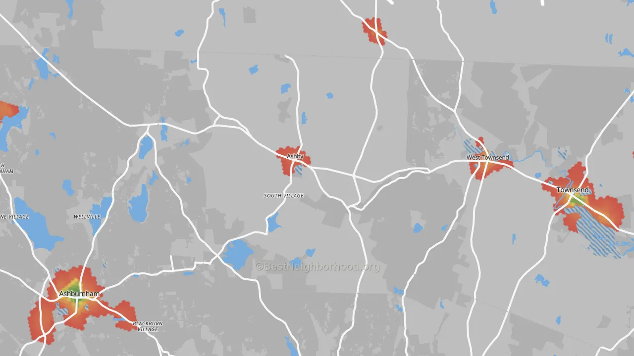 Walk Grade map of Ashby, MA, walkable areas in green and car-dependent areas in red