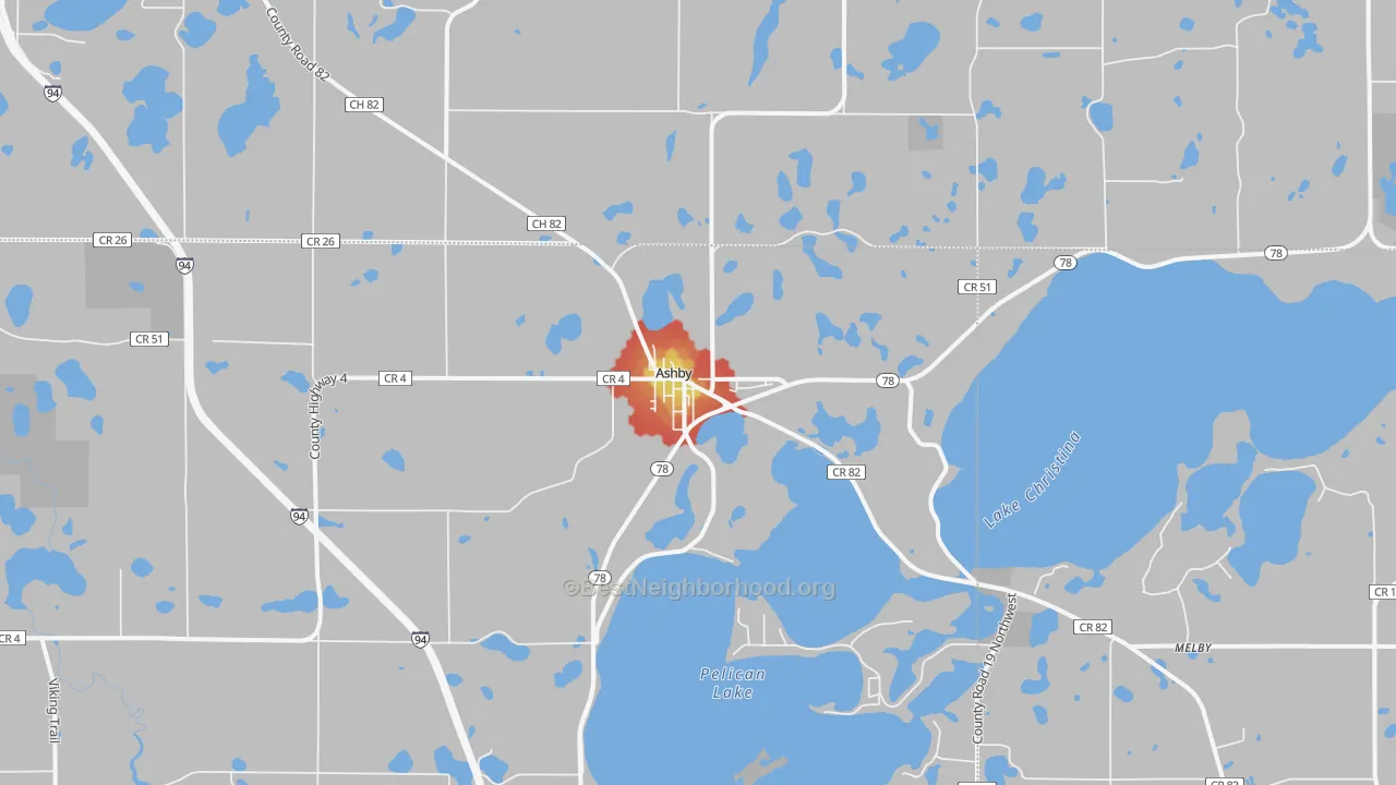 Walk Grade map of Ashby, MN, walkable areas in green and car-dependent areas in red