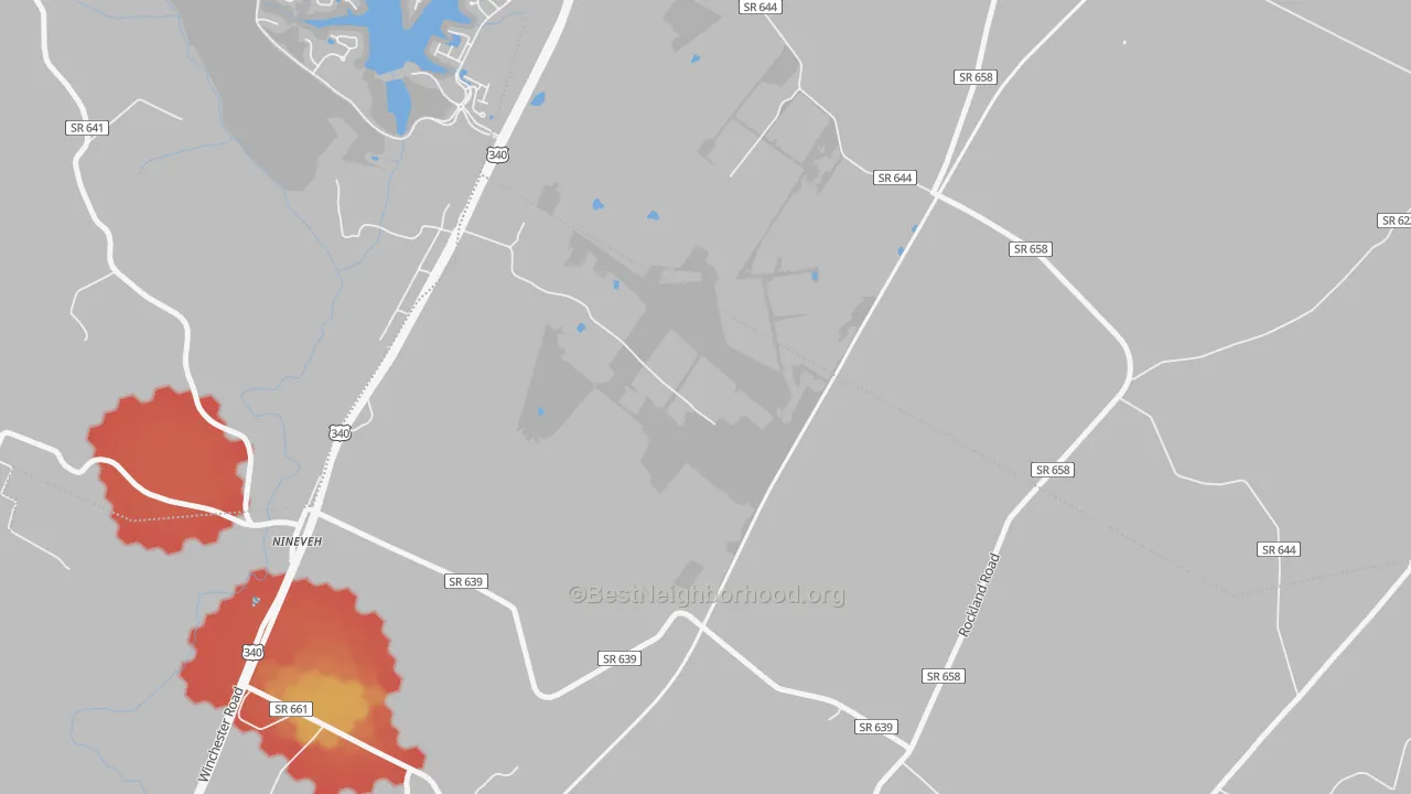 Walk Grade map of Ashby, VA, walkable areas in green and car-dependent areas in red