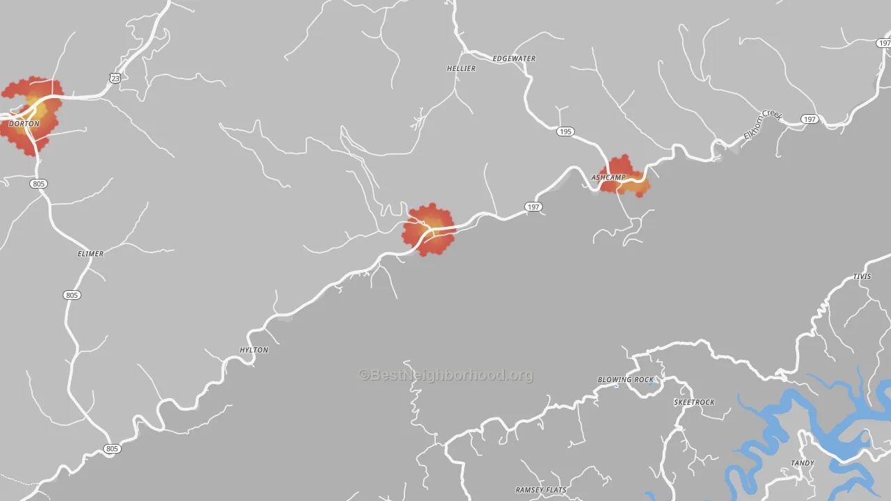 Walk Grade map of Ashcamp, KY, walkable areas in green and car-dependent areas in red