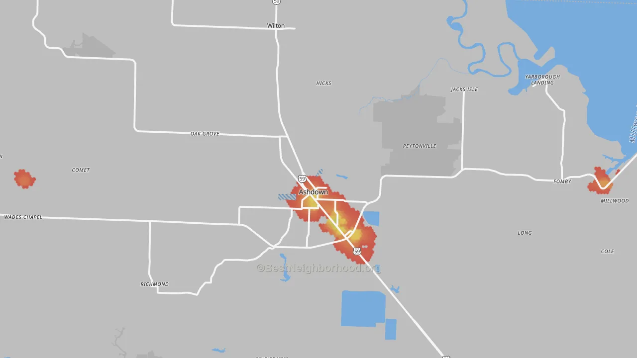 Walk Grade map of Ashdown, AR, walkable areas in green and car-dependent areas in red