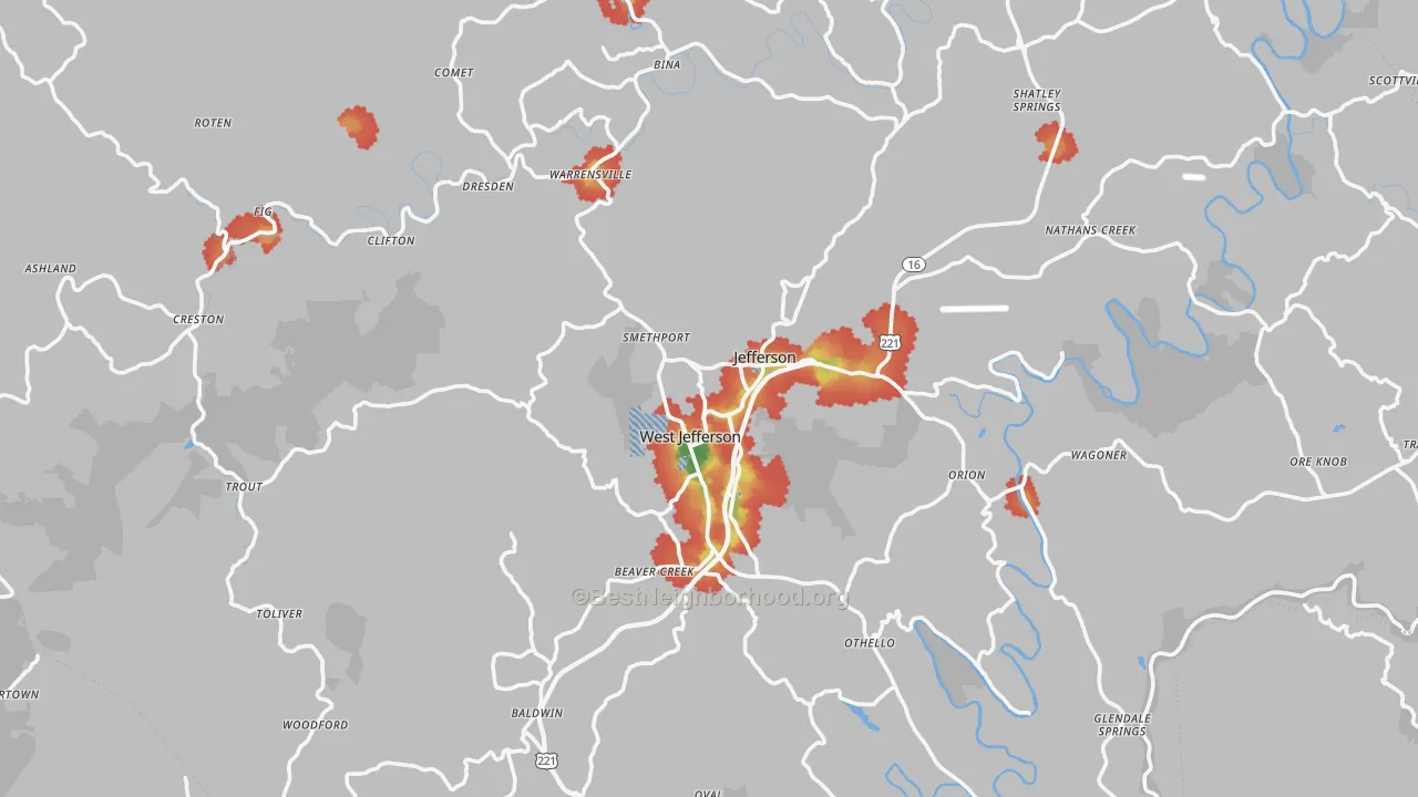 Walk Grade map of Ashe County, NC, walkable areas in green and car-dependent areas in red