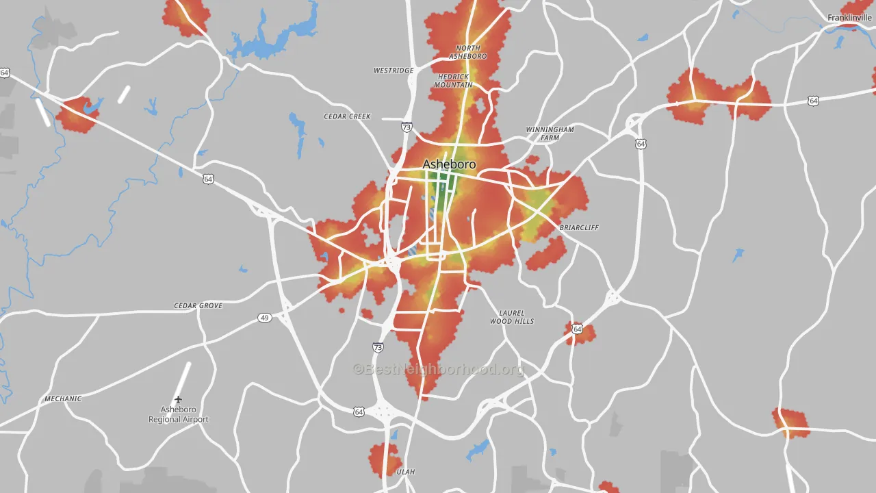 Walk Grade map of Asheboro, NC, walkable areas in green and car-dependent areas in red