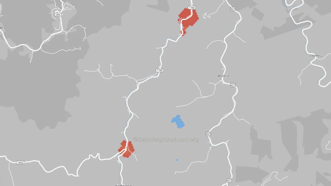 Walk Grade map of Asher, KY, walkable areas in green and car-dependent areas in red