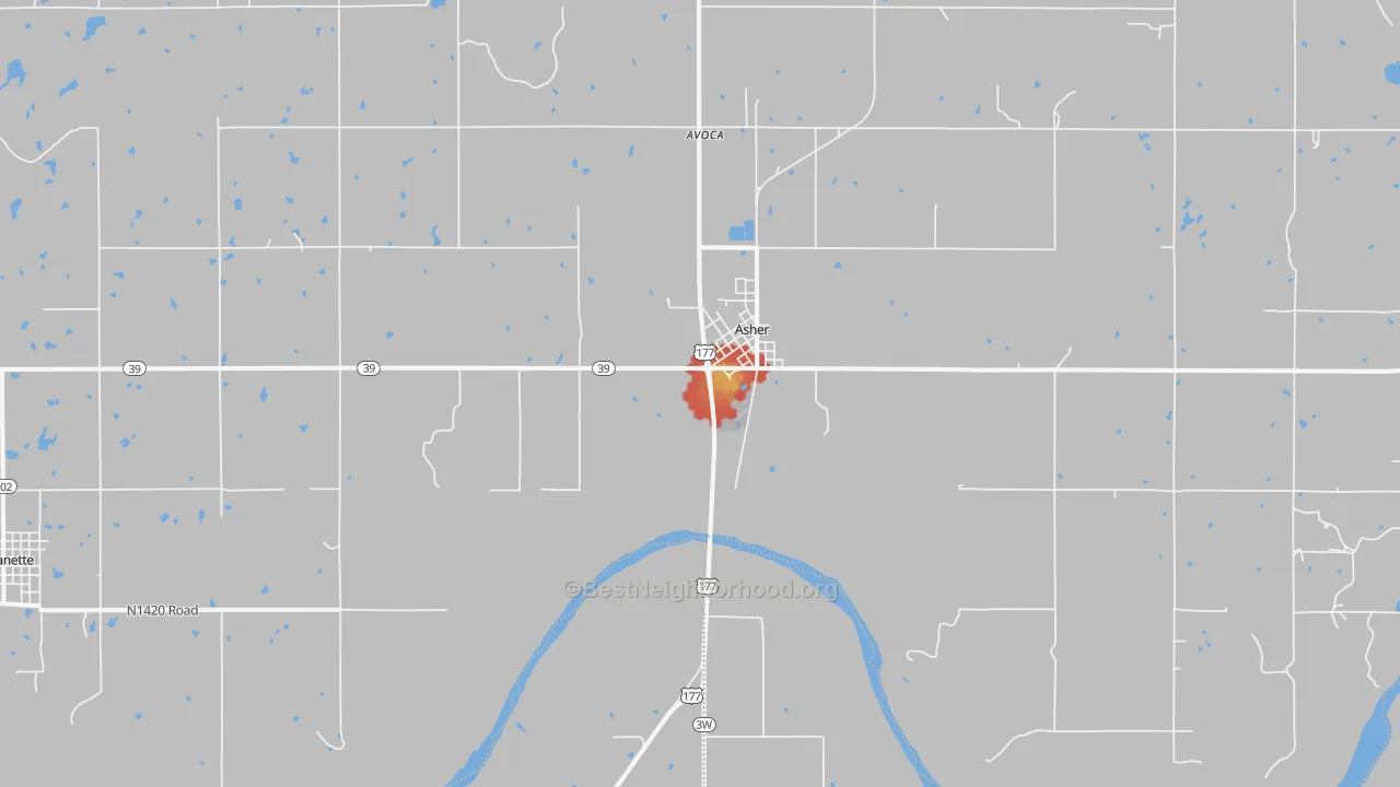 Walk Grade map of Asher, OK, walkable areas in green and car-dependent areas in red