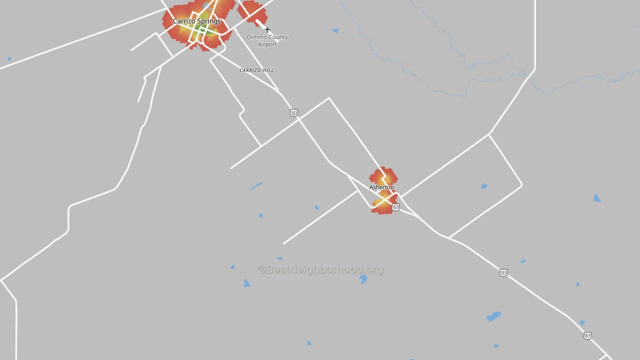 Walk Grade map of Asherton, TX, walkable areas in green and car-dependent areas in red