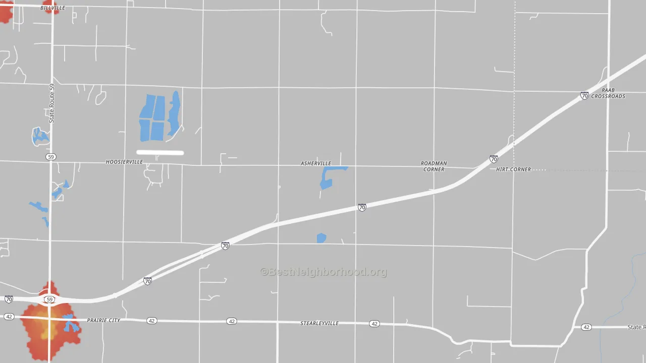 Walk Grade map of Asherville, IN, walkable areas in green and car-dependent areas in red