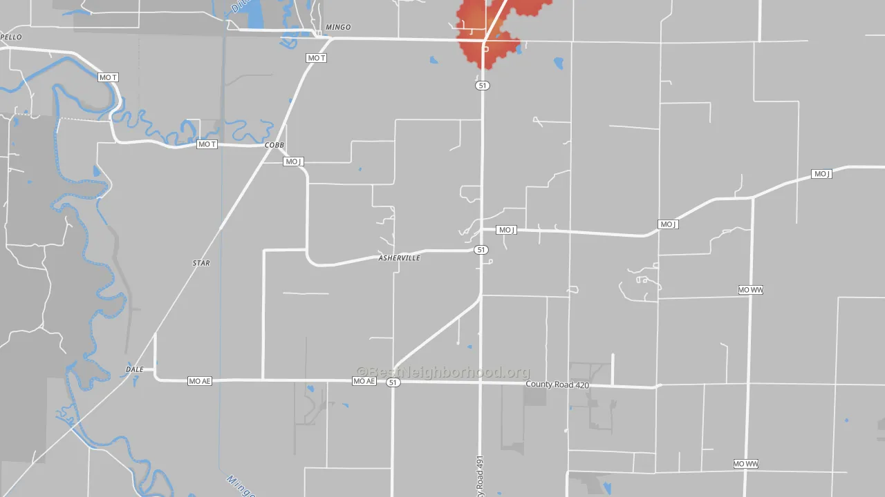 Walk Grade map of Asherville, MO, walkable areas in green and car-dependent areas in red