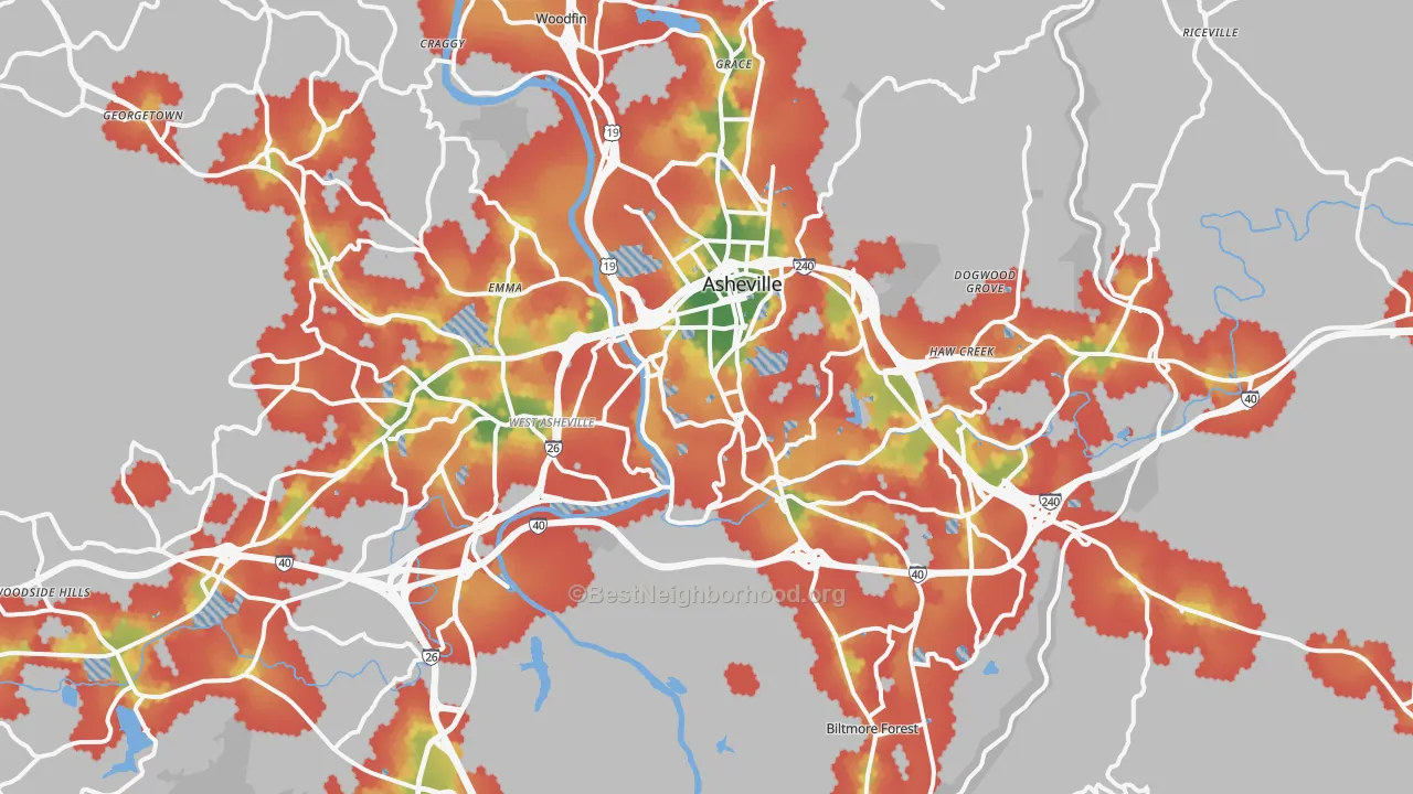 Walk Grade map of Asheville, NC, walkable areas in green and car-dependent areas in red