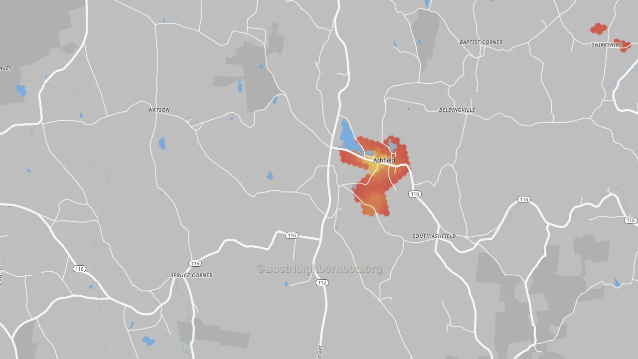 Walk Grade map of Ashfield, MA, walkable areas in green and car-dependent areas in red