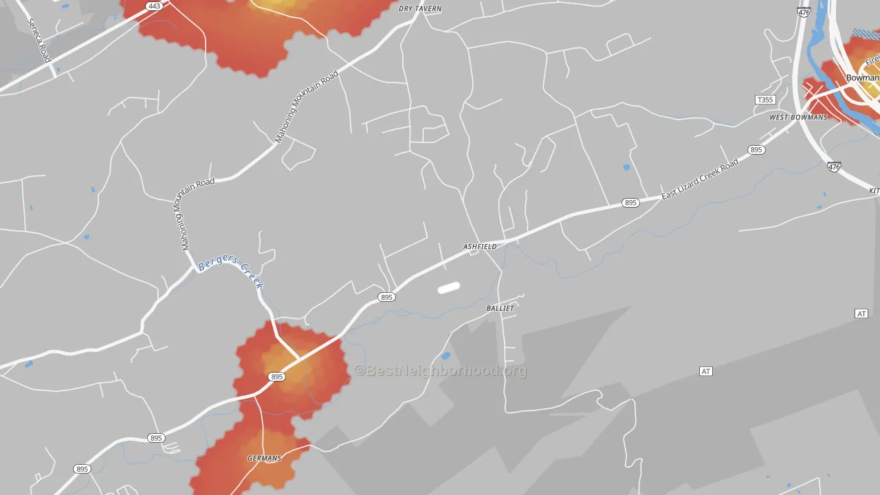 Walk Grade map of Ashfield, PA, walkable areas in green and car-dependent areas in red