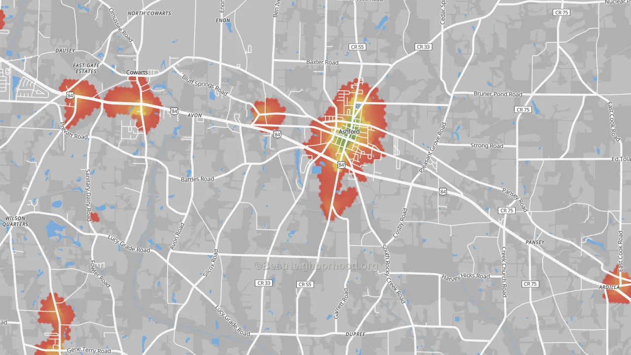 Walk Grade map of Ashford, AL, walkable areas in green and car-dependent areas in red