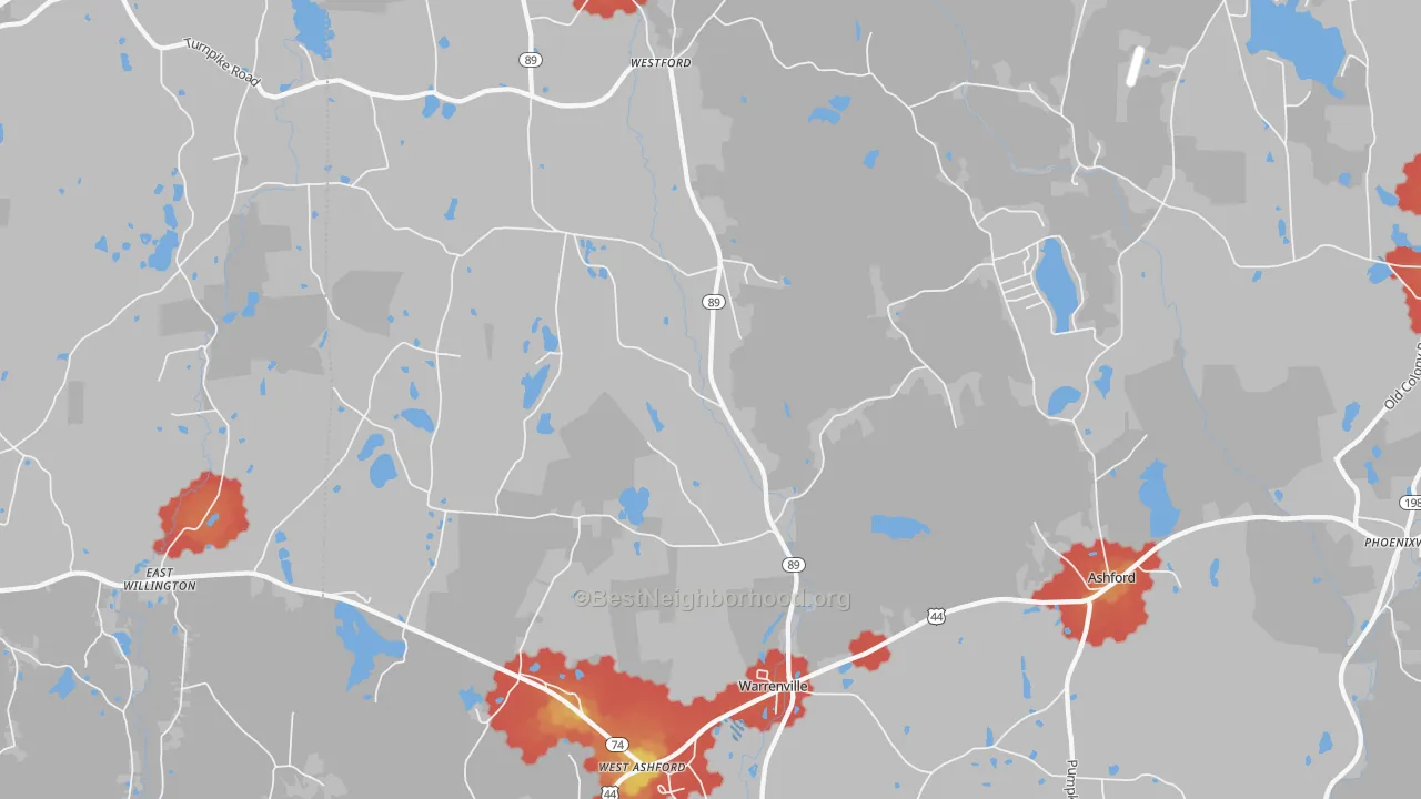 Walk Grade map of Ashford, CT, walkable areas in green and car-dependent areas in red